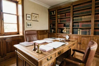 Bureau de notaire traditionnel en Vendée avec mobilier en bois, documents officiels et bibliothèque juridique