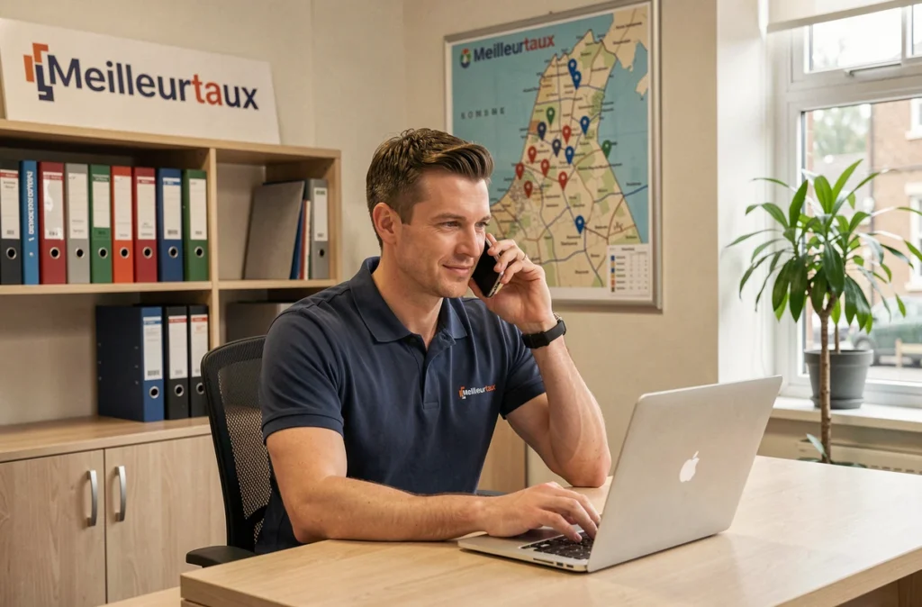 Conseiller Meilleurtaux dans une agence normande gérant le dossier de prêt d'un client par téléphone avec une carte de Normandie en arrière-plan