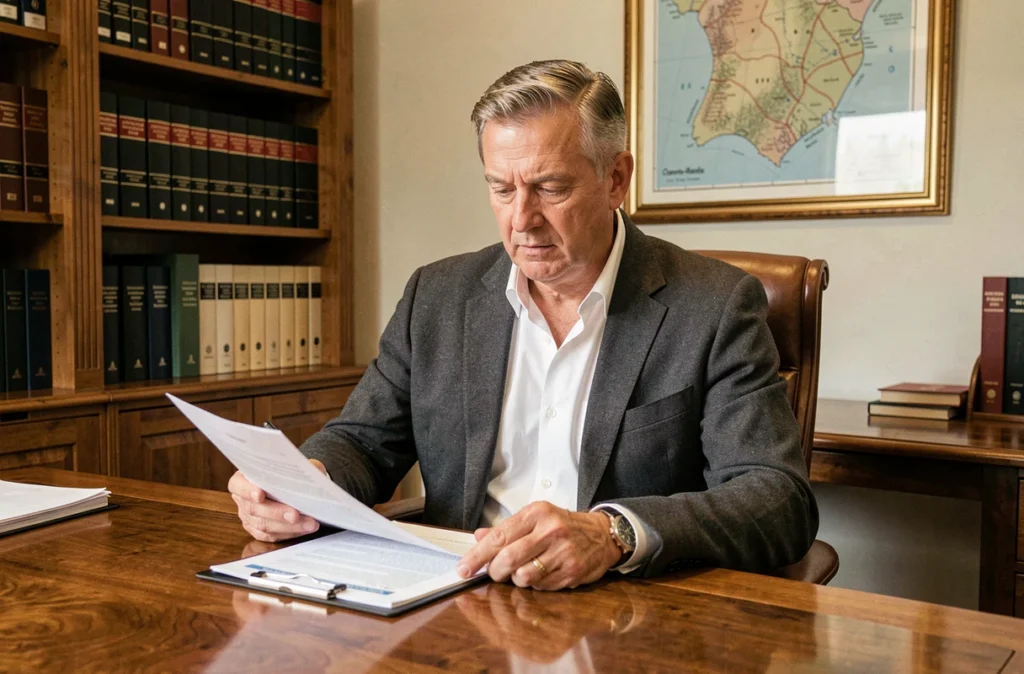 Courtier indépendant Patrick Monier dans son bureau avec documents d'assurance