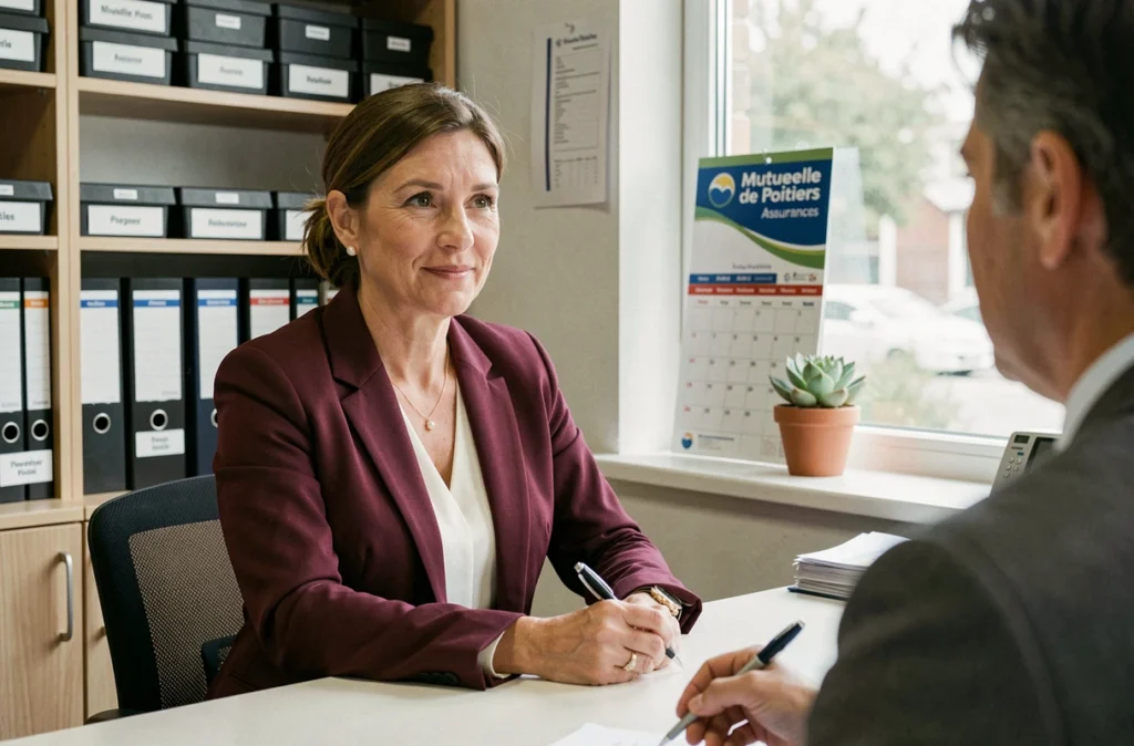 Conseillère Emmanuelle Marquet-Sarraf de Mutuelle de Poitiers Assurances lors d'un entretien client