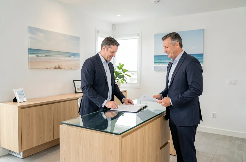 Espace d'accueil moderne de l'office Océan Notaires et Conseils aux Sables-d'Olonne avec deux professionnels en discussion