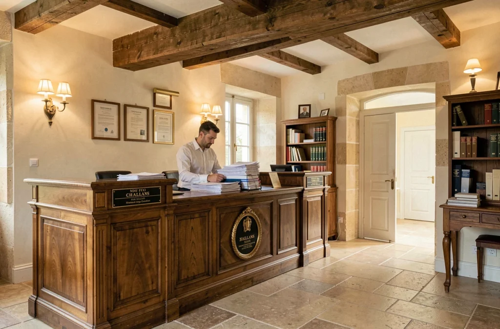 Intérieur classique de l'Office Notarial de Challans avec comptoir d'accueil en chêne et décor typique du patrimoine vendéen