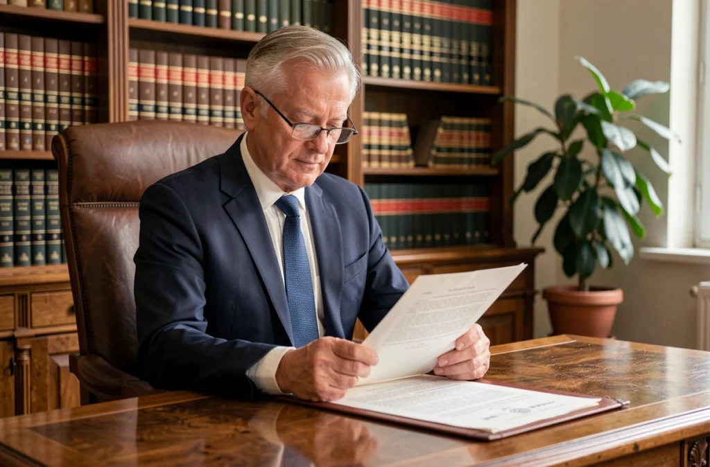 Notaire Charles Gouraud assis à son bureau dans son office notarial, examinant un document juridique