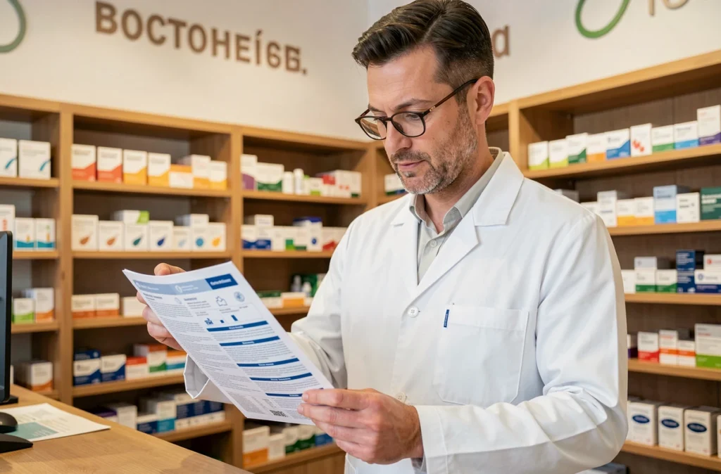 Pharmacien examinant les garanties de la mutuelle MACSF derrière le comptoir de sa pharmacie