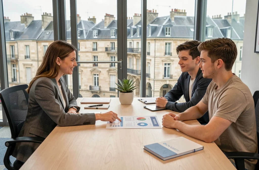 Conseillère de Place du Courtage à Caen présentant une simulation de crédit immobilier à un jeune couple