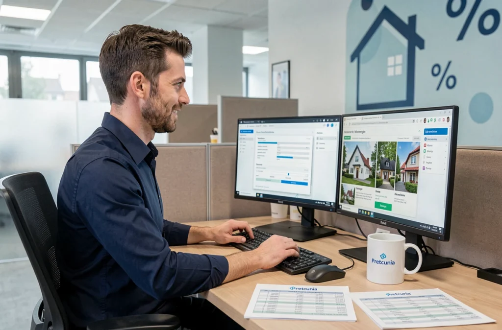 Conseiller Pretcunia travaillant sur des simulations de crédit et de prêt immobilier