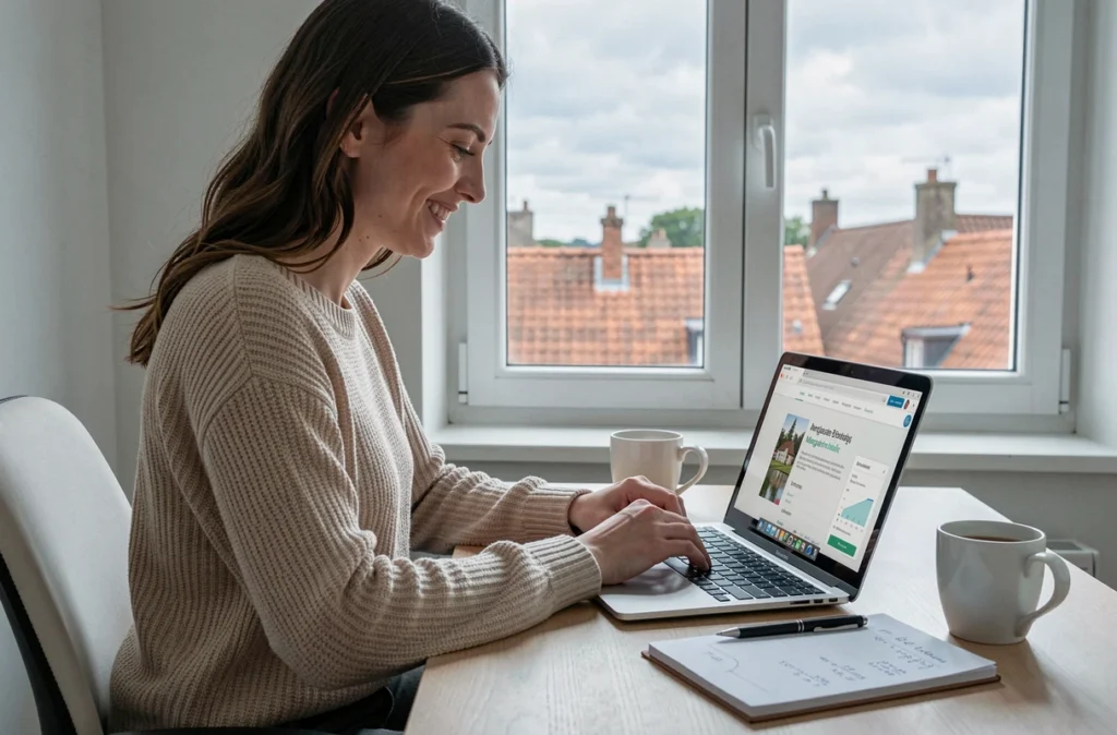 Une jeune femme utilisant la plateforme en ligne Pretto depuis son domicile en Normandie pour comparer des offres de prêt