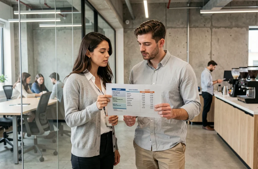 Deux jeunes professionnels analysant ensemble un tableau comparatif de salaire brut net dans un espace coworking