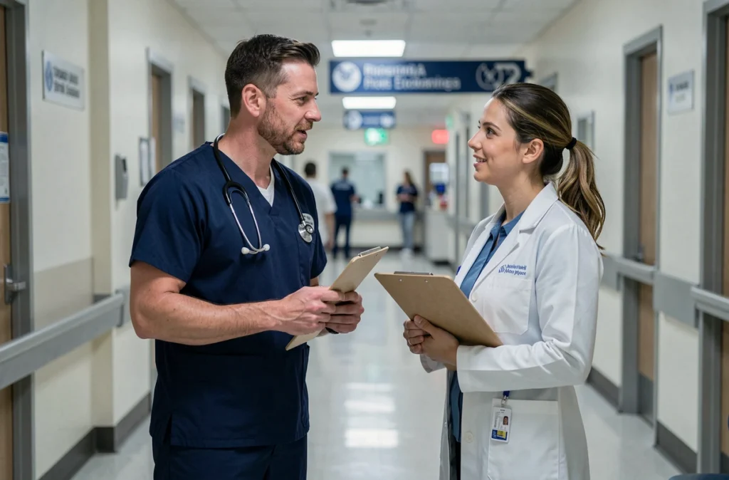 Infirmier et médecin en discussion sur leur couverture mutuelle MACSF dans un couloir hospitalier