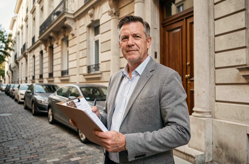 Propriétaire bailleur tenant des documents d'assurance loyer impayé devant un immeuble résidentiel