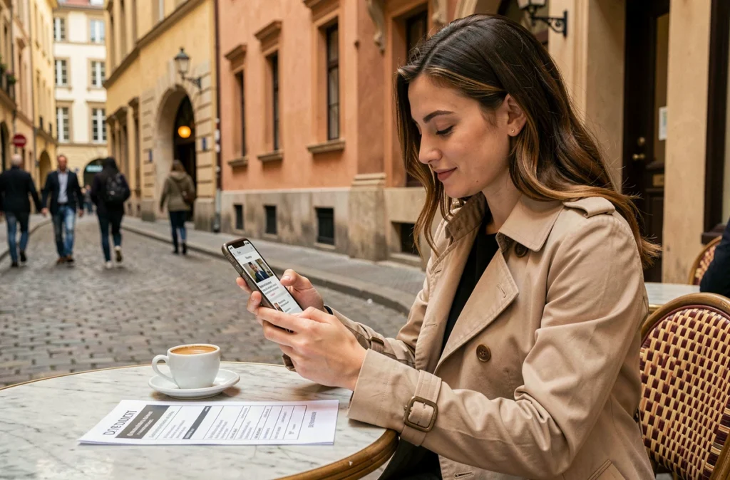 Femme consultant des avis sur un courtier en assurance emprunteur depuis son smartphone en terrasse dans le Vieux-Lyon