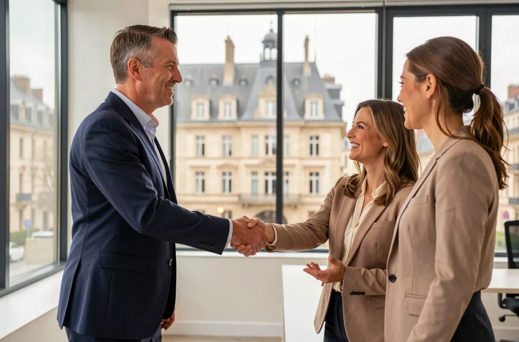 Un courtier de Vous Financer Dijon scelle un accord de crédit immobilier avec un couple de clients