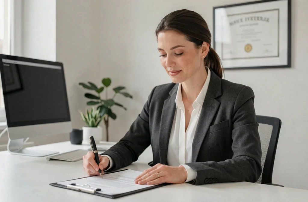 Isabelle Vrain, notaire professionnelle, signant un acte officiel à son bureau dans un cabinet moderne