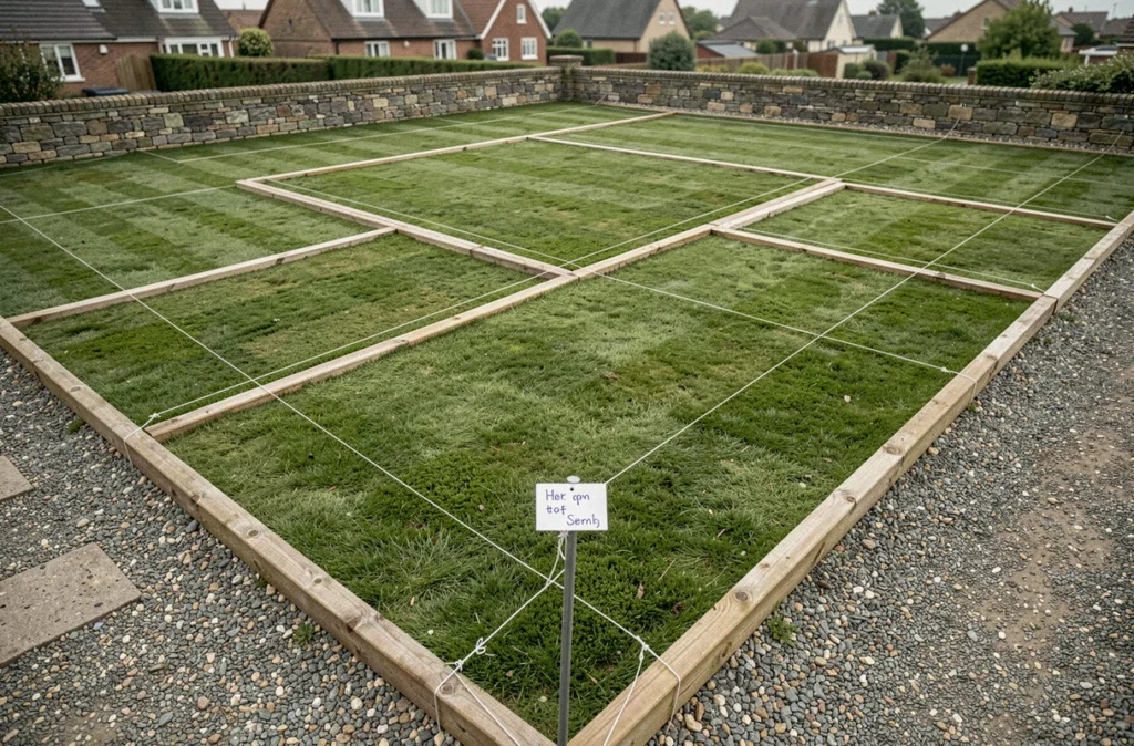 Vue aérienne d'un jardin délimité avec des cordeaux et piquets pour illustrer le calcul de la superficie en ares
