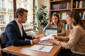 Conseiller en investissement locatif rencontrant un couple dans un bureau moderne à Bordeaux, Gironde, avec des documents immobiliers sur la table